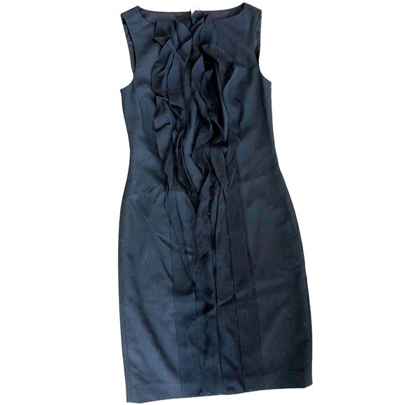 Ann Taylor Wool Silk Ruffle Black Cocktail Knee Length‎ Sheath Dress Sz 0 - Picture 1 of 10